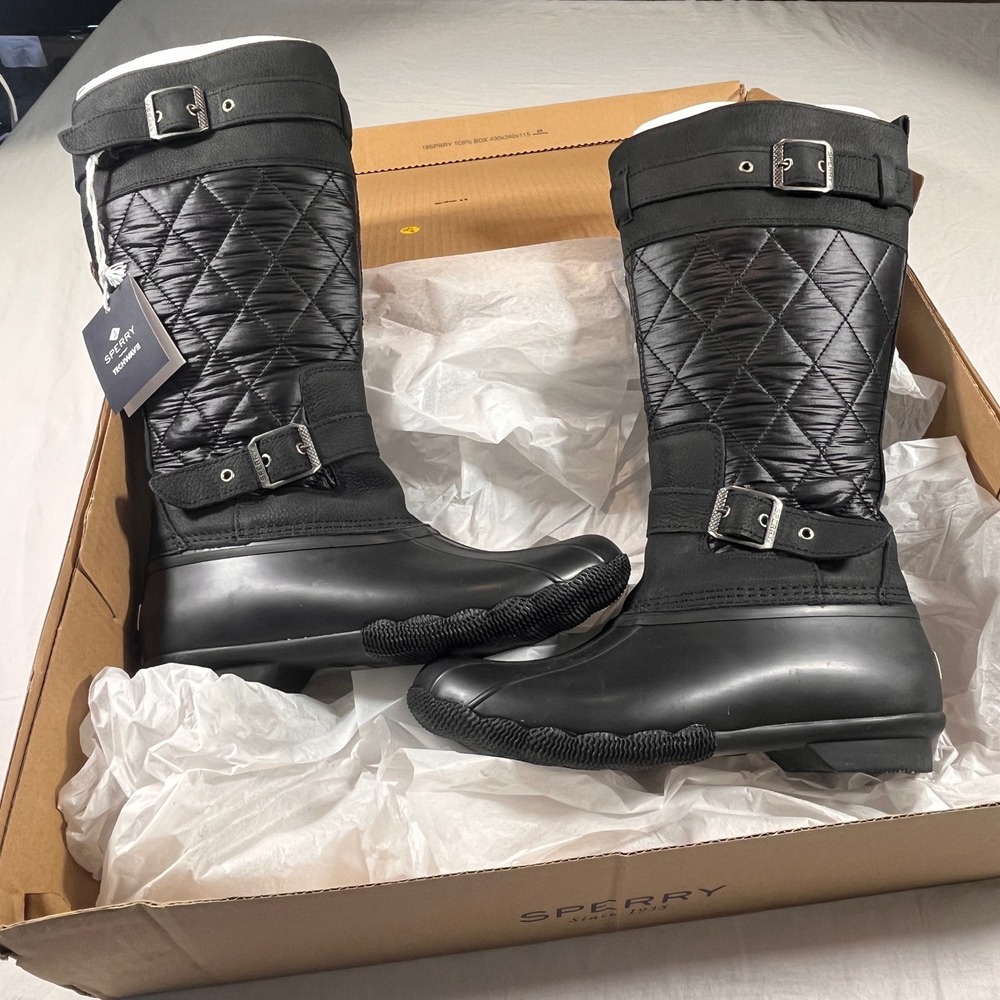 Sperry Saltwater Tall Nylon Duck Boots Womens 8.5 Black NEW w/Box Quilted Buckle